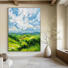 Load image into Gallery viewer, “Textured Green Landscape with Blue Sky” - Impasto Landscape Art on Canvas DKH1557