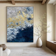 Load image into Gallery viewer, “Blue, White and Gold Abstract” - Luxe Abstract Art on Canvas DKH1549