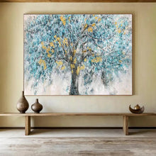 Load image into Gallery viewer, Blue Tree “Golden Accents” Painting on Canvas, Whimsical Landscape Art DKH889