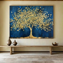 Load image into Gallery viewer, Blue & Gold Tree of Abundance Hand-Painted Abstract Acrylic Art for Dining Room Opulence LargeART1620