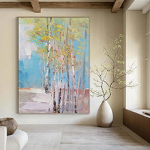 Load image into Gallery viewer, “Colorful Birch Grove Abstract” - Blue, Green, Yellow Landscape Art on Canvas DKH1300