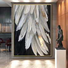 Load image into Gallery viewer, Oversized White - Gold Feather Abstract Acrylic Art for Bedroom & Boutique Hotel LargeART0431