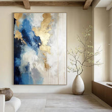 Load image into Gallery viewer, Blue and Gold Abstract Clouds Canvas Painting, Perfect for Elegant Dining Room & Chic Hotel Lobby LargeART1239