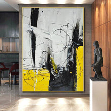 Load image into Gallery viewer, Large - Format Black, White, and Yellow Abstract Acrylic for Minimalist Bedroom & Contemporary Art Space LargeART0318
