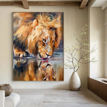 Load image into Gallery viewer, “Lion Drinking at Water” - Realistic Wildlife Art on Canvas DKH1647