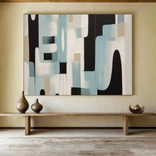 Load image into Gallery viewer, Hand - painted Blue, Black, and Beige Abstract Shapes Acrylic Art for Contemporary Hallway Displays LargeART1711