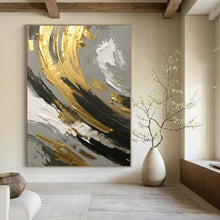 Load image into Gallery viewer, Gray, Gold & Black Abstract Swirl Detail Canvas Painting, Ideal for Modern Studio Apartment & Chic Art Gallery Corner LargeART1252
