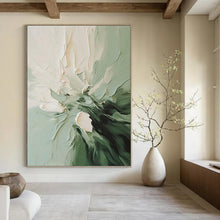 Load image into Gallery viewer, “Textured Green and White Flower” - Green, White Abstract Floral Art on Canvas DKH1185