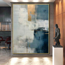 Load image into Gallery viewer, Oversized Hand - painted Blue - Gray and Gold Abstract Fusion Acrylic Art for Luxe - Themed Living Rooms LargeART0248