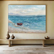 Load image into Gallery viewer, “Seaside Solitude with Red Boat” - Coastal Abstract Acrylic, Good for Beach House and Nautical - Themed Room DLZ224