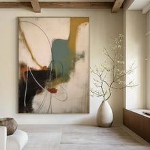 Load image into Gallery viewer, “Colorful Chaos” – Curved lines, blocks of teal, mustard, and rust on white DTP364