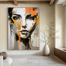 Load image into Gallery viewer, Abstract Expressionist Face Art, Gray - and - Orange Toned Painting for Edgy Bedroom & Artistic Lounge LargeART2215