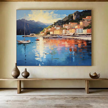 Load image into Gallery viewer, Coastal Town “Sunny Harbor” Painting on Canvas, Luminous Seaside Art DKH877