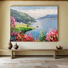 Load image into Gallery viewer, “Lakeside Village” - Colorful Abstract Acrylic of a Lakeside Scene, Suits Conservatory and Porch DLZ209