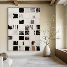 Load image into Gallery viewer, “Black and White Square Abstraction” - Black, White Abstract Art on Canvas DKH1133