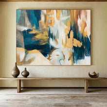 Load image into Gallery viewer, Hand - Painted Turquoise & Gold Abstract Acrylic Art for Sophisticated Dining Area LargeART1636