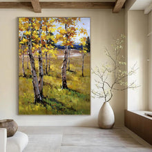 Load image into Gallery viewer, “Autumn Birch Field Scene” - Yellow, Green, Brown Landscape Art on Canvas DKH1284