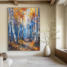 Load image into Gallery viewer, “Autumn Birch Forest” - Golden, Blue, and White Landscape Art on Canvas DKH1406