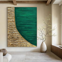 Load image into Gallery viewer, “Gold and Emerald Half - Moon” - Green, Gold Abstract Art on Canvas DKH1219