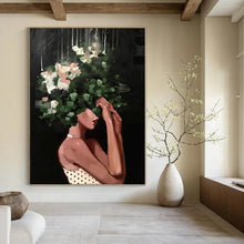 Load image into Gallery viewer, “Floral - Headed Woman in Darkness” – Woman with green foliage and white flowers obscuring her head, dark background. DTP323