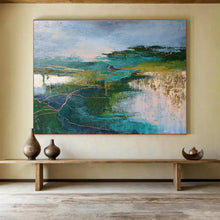 Load image into Gallery viewer, Green and Blue Abstract Landscape with Gold Lines for Luxury Living Room & Sophisticated Hotel Lobby DKH127
