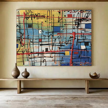 Load image into Gallery viewer, Abstract Grid “Colorful Web” Painting on Canvas, Modern Line Art DKH842