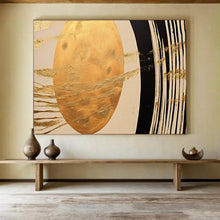 Load image into Gallery viewer, Hand - painted Gold Oval with Black and White Lines Acrylic Art for Art - Inspired Home Libraries LargeART1712