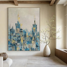 Load image into Gallery viewer, Blue & Gold Abstract Cityscape Painting, Perfect for Modern Living Room & Stylish Home Office LargeART2080