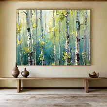 Load image into Gallery viewer, Sunlit Birch Forest Abstract Painting on Canvas - “Green Sanctuary” DKH670