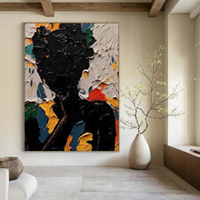 Load image into Gallery viewer, “Colorful Silhouette” ,Black figure surrounded by bold, textured swaths of blue, green, yellow, orange, and red. DTP308