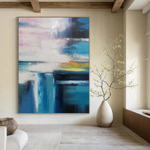 Load image into Gallery viewer, “Colorful Sky Over Blue Waters” - Pink, Blue, Yellow, White Abstract Art on Canvas DKH1232