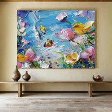 Load image into Gallery viewer, Impasto Flower “Bee - Kissed Blooms” Painting on Canvas, Textured Floral Art DKH834