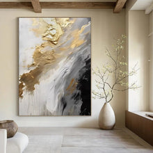 Load image into Gallery viewer, “Gilded Flow” ,White, gray, black, and gold, featuring fluid, dripping brushstrokes and metallic accents. DTP302