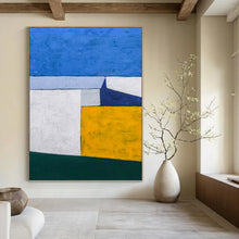 Load image into Gallery viewer, “Color Block Harmony” - Blue, White, Yellow, and Green Abstract Art, Abstract Painting on Canvas DKH1095