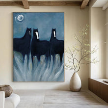 Load image into Gallery viewer, “Mystic Black Horses in Moonlight” - Symbolic Equine Art on Canvas DKH1444