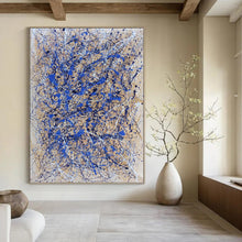 Load image into Gallery viewer, “Blue and White Drip Abstract on Beige” - Action - Painting - Style Art on Canvas DKH1580