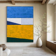 Load image into Gallery viewer, “Color - Blocked Serenity” - Blue, White, Yellow, Green Geometric Abstract Art on Canvas DKH1096