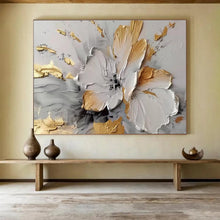 Load image into Gallery viewer, Gold and White Floral Textured Abstract Painting on Canvas - “Gilded Beauty” DKH677