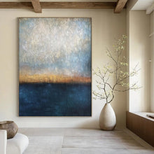 Load image into Gallery viewer, Blue, Gray & Gold Coastal Sunset Abstract Painting, Ideal for Beach House Living Room & Relaxing Balcony Area LargeART1983