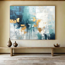 Load image into Gallery viewer, Teal, Gold, and White Abstract Fusion Abstract acrylic painting DLZ073