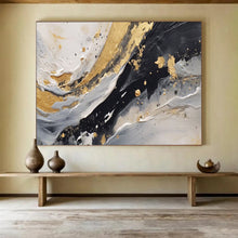 Load image into Gallery viewer, Hand - painted Black, White, and Gold Fluid Strokes Acrylic Art for Stylish Bathroom Decor LargeART1710
