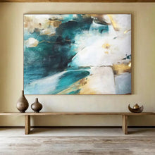 Load image into Gallery viewer, Hand - Painted Turquoise & Gold Abstract Acrylic Art for Luxury Living Room Wall LargeART1635
