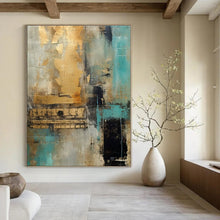 Load image into Gallery viewer, Teal, Gold & Gray Abstract Canvas Painting, Great for Contemporary Living Room & Chic Hotel Suite LargeART1281