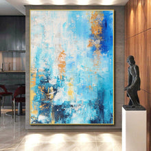 Load image into Gallery viewer, Hand - painted Oversized Blue with Gold Accents Abstract Acrylic Art for Elegant Home Offices LargeART0015