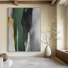 Load image into Gallery viewer, “Gold Accent Green and Grey” - Green, Grey, Gold Abstract Art on Canvas DKH1198