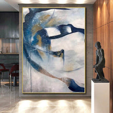 Load image into Gallery viewer, Large - Scale Flowing Blue and Gold Abstract Acrylic for Artistic Bedroom & Creative Studio LargeART0312