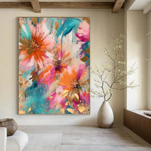 Load image into Gallery viewer, “Teal and Gold Floral Abstract” - Luxe Floral Art on Canvas DKH1598