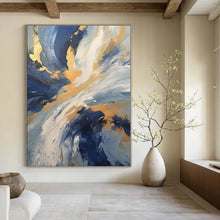 Load image into Gallery viewer, Blue & Gold Swirl Abstract Canvas Painting, Perfect for Coastal Bedroom & Luxury Spa Lounge LargeART1265