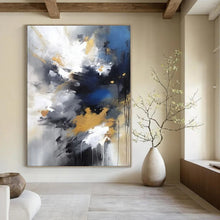 Load image into Gallery viewer, Blue, Gold, Gray & White Abstract Burst Canvas Painting, Perfect for Creative Studio & Energetic Home Gym LargeART1253