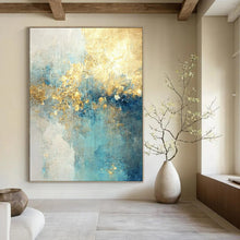 Load image into Gallery viewer, “Aqua Gold Cascade” – Blue, Aqua & Gold Abstract Acrylic with Flowing Textures DTP077
